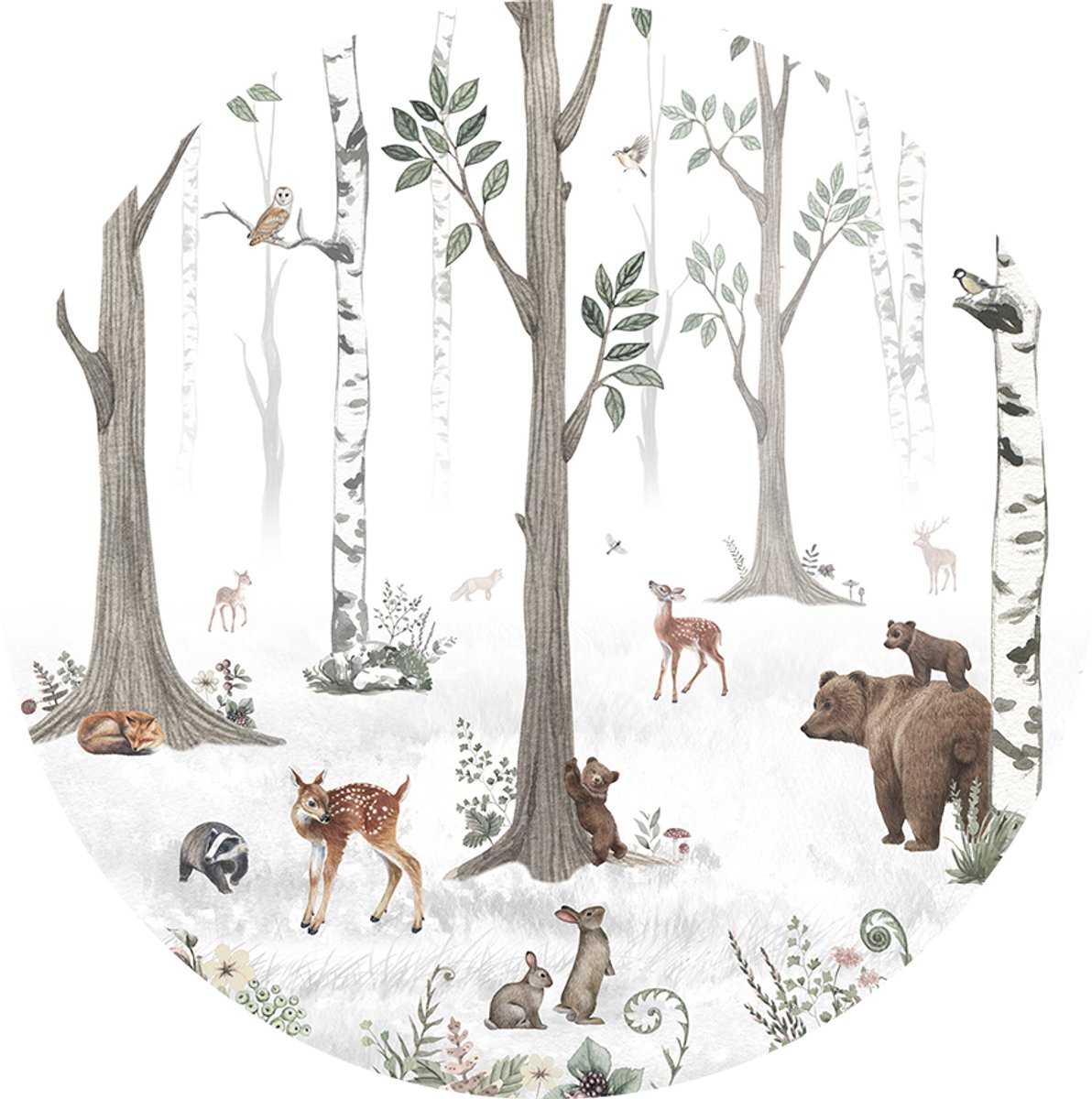 Muursticker - Behangcirkel - Kinderkamer - Bosdieren - White Forest - Bosdierenkamer - Wanddecoratie - ø 80 cm