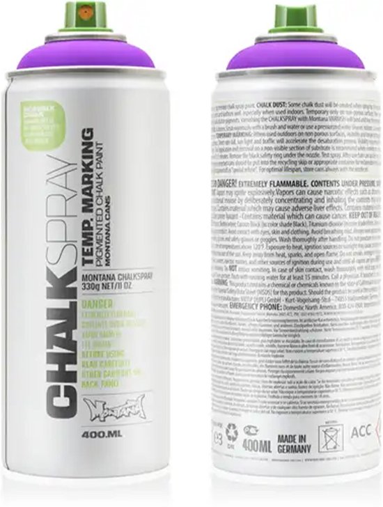 Deux bombes de Montana CHALK spray, la première est violette, la seconde est blanche et textuelle.