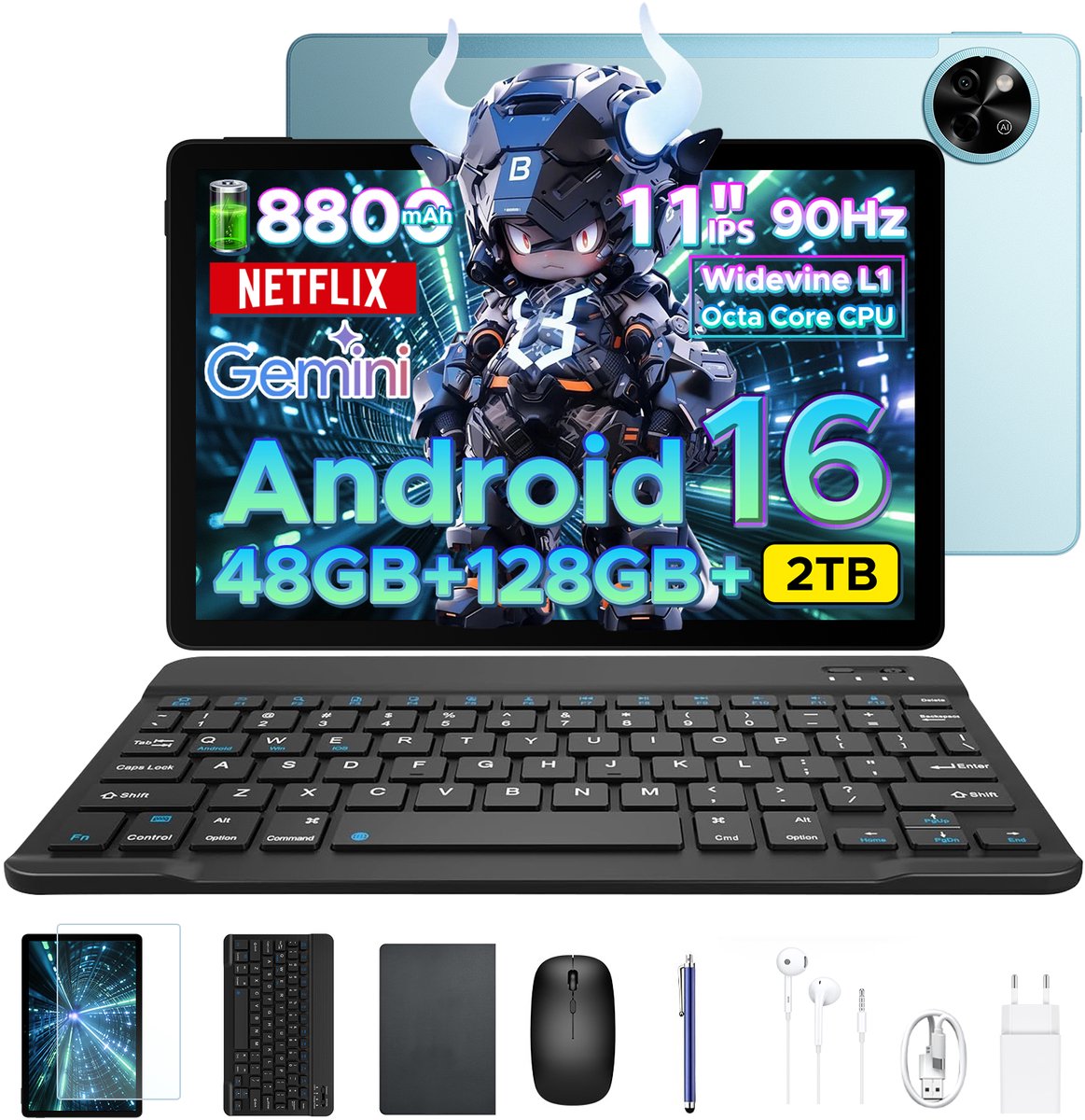 Aorlym P11 Tablet - 48GB RAM+128GB ROM/TF 2TB - Android 16 - 11 inch tablet 90Hz - T7250 - 8800mAh - 13MP+5MP - Gemini AI - Widevine L1 - Face ID - 5G WIFI - Dubbele luidsprekers - Pen, toetsenbord, muis - Blauw