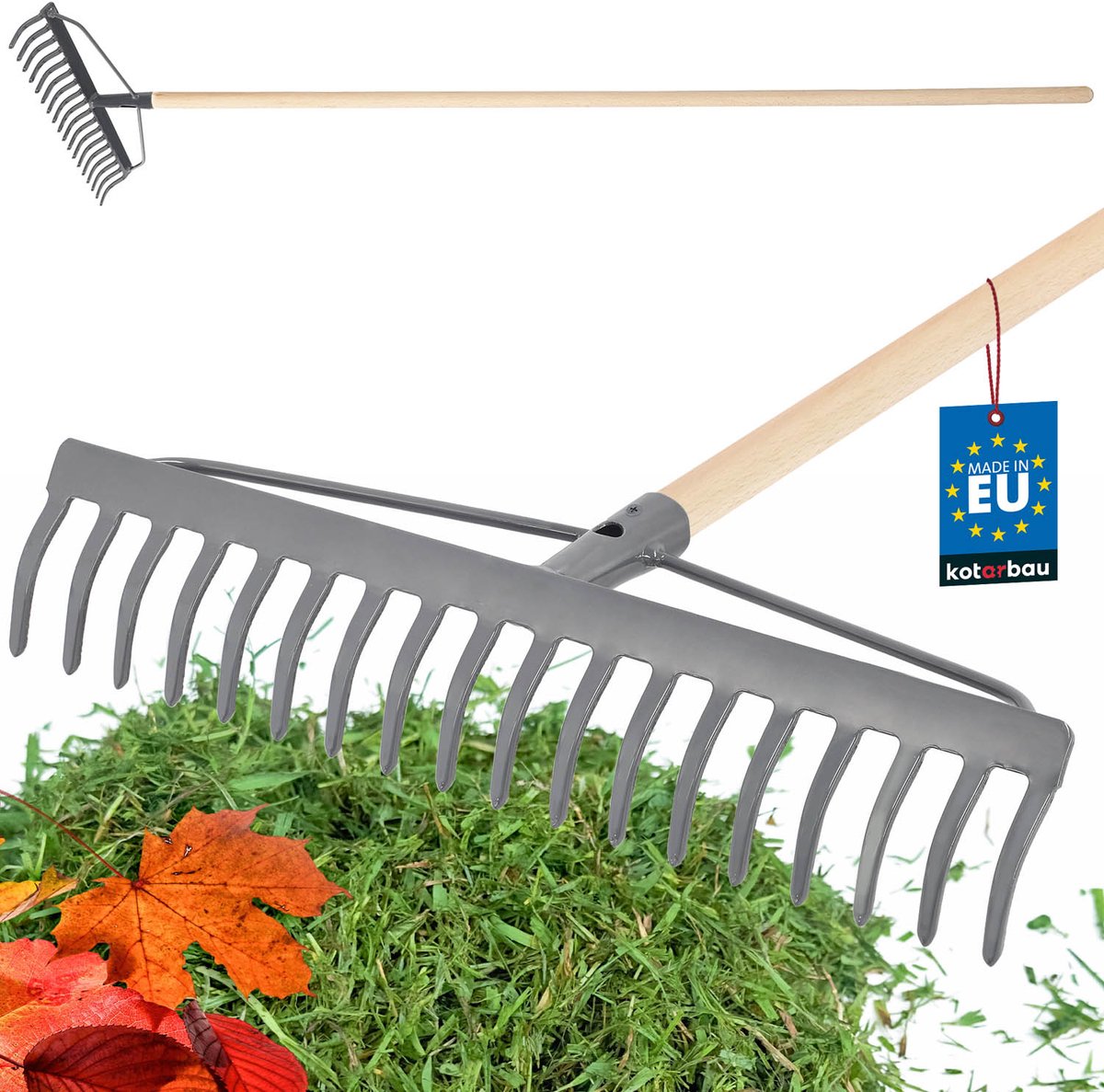 KOTARBAU® Tuinhark, Gazonhark, Bladhark, Metaal, 46 cm, Grijs & Naturel, Tuinhark voor Gazon, Met Houten Steel, 18 Tanden, Stevige Hark, Waaierbezem, Robuust Tuingereedschap
