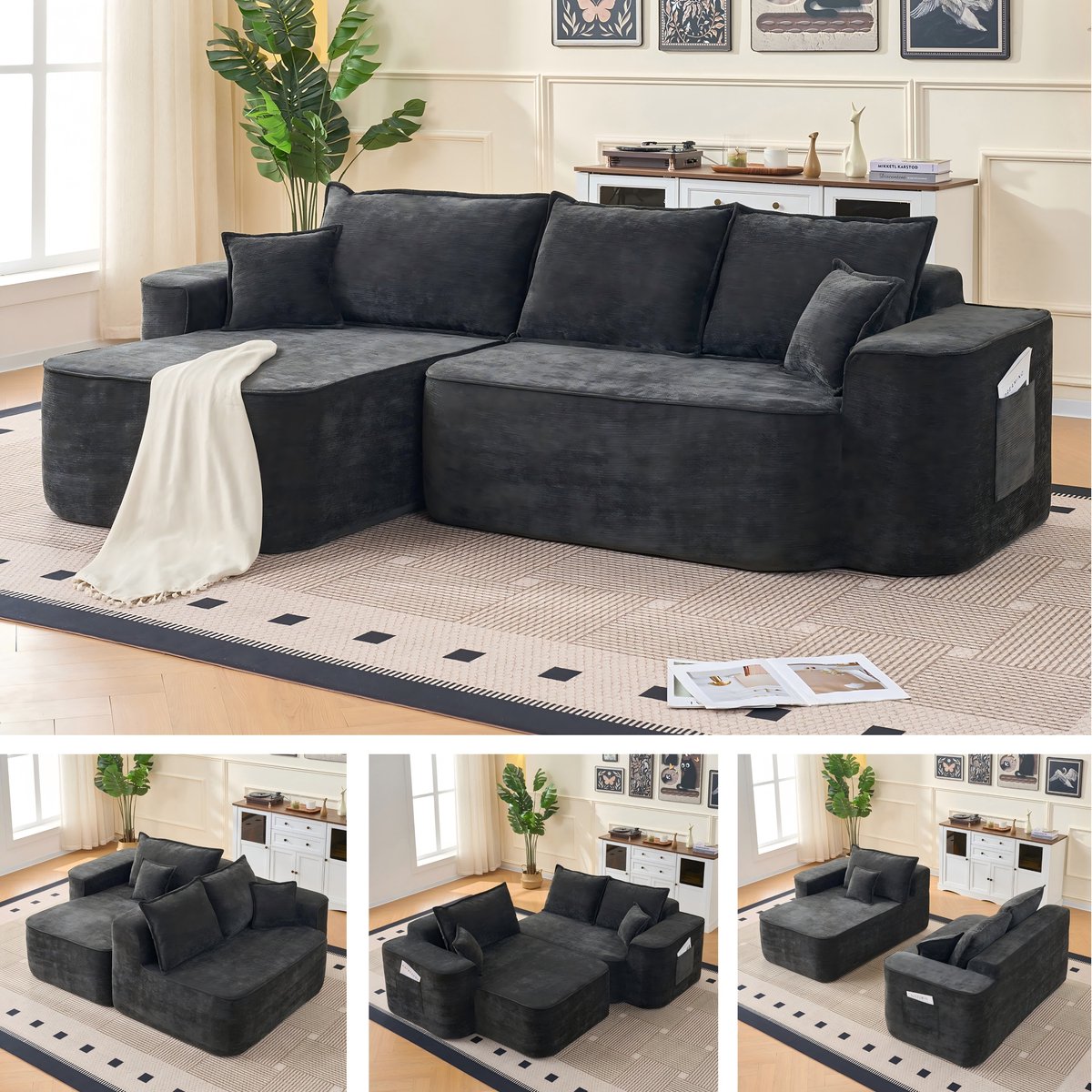 L-vormige Hoekbank "Wolkenbank", 264cm met Chaise Longge, XXL Laagzitting, Zonder Montage, Modulaire Moderne Bank in Zwarte Chenille voor Woonkamer