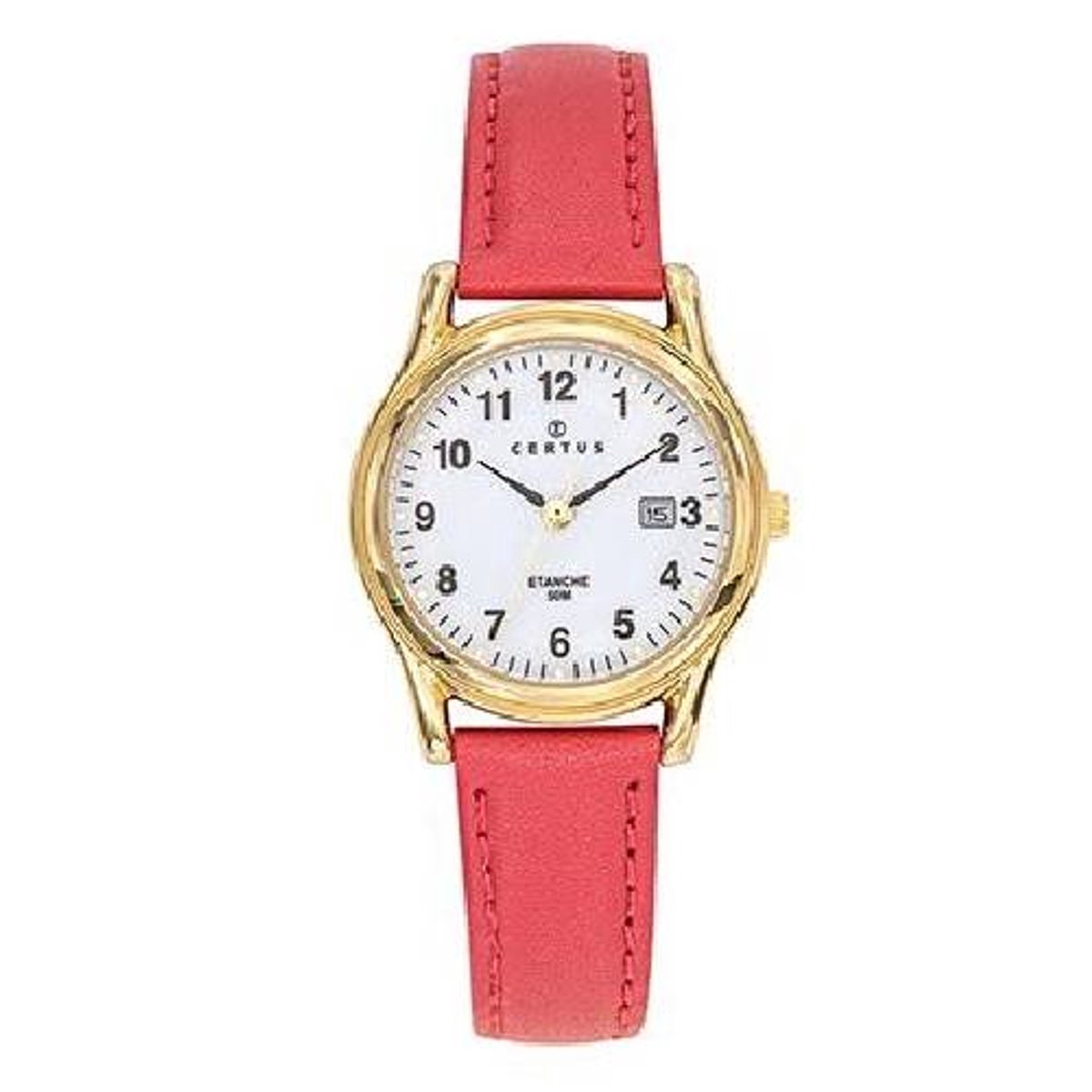 Certus-dameshorloge-model 646596-datum-goudkleurig-rood-roze lederen band- 5 atm waterdicht-diameter 28 mm