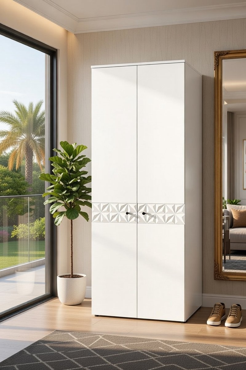 Prisma Luxe Hoge Garderobekast met 2 Deuren - Wit Hoogglans - 70x192x34 cm - Moderne Halkast met 5 Planken en 6 OpbergvakkenCasa Serena P – Casa Dorada