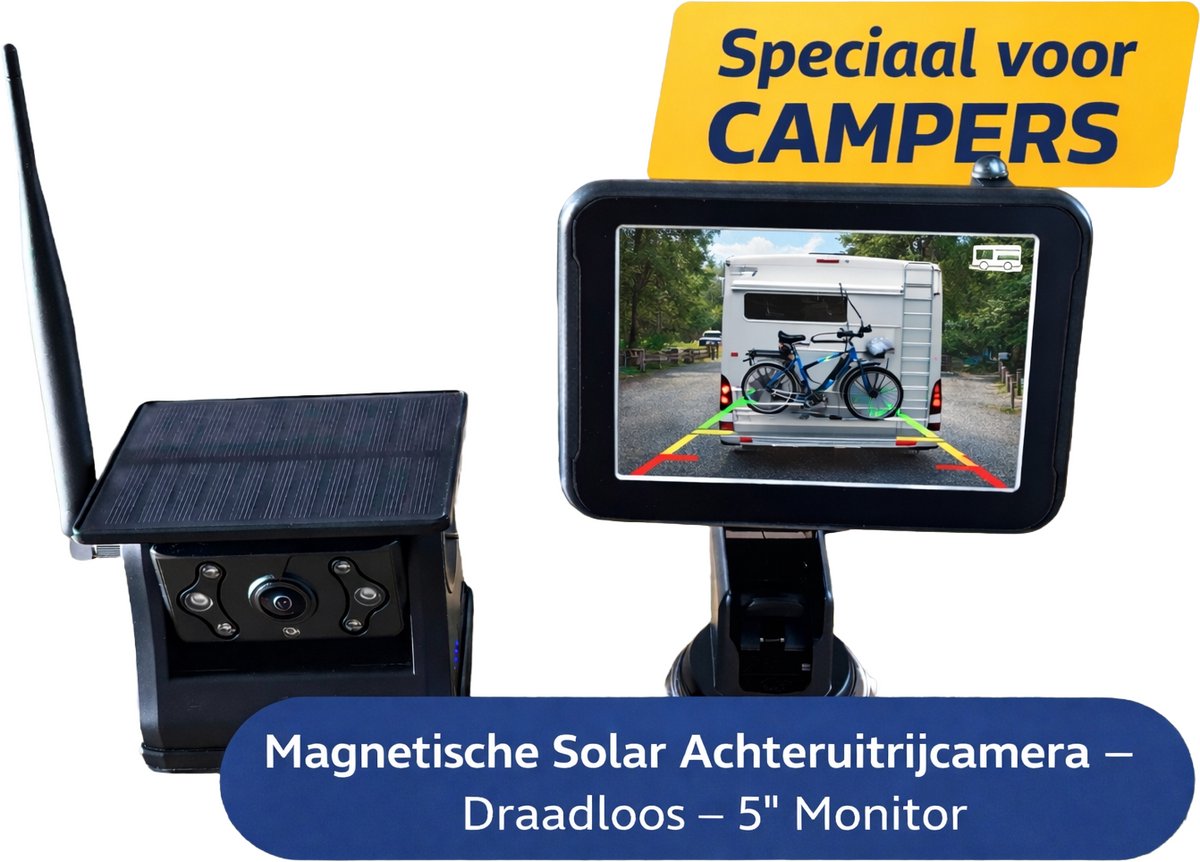 Draadloze Magnetische Achteruitrijcamera met 5 Inch Display - Solar - Nachtzicht - Voor Camper, Caravan, Paardentrailer, Racetrailer en Aanhanger