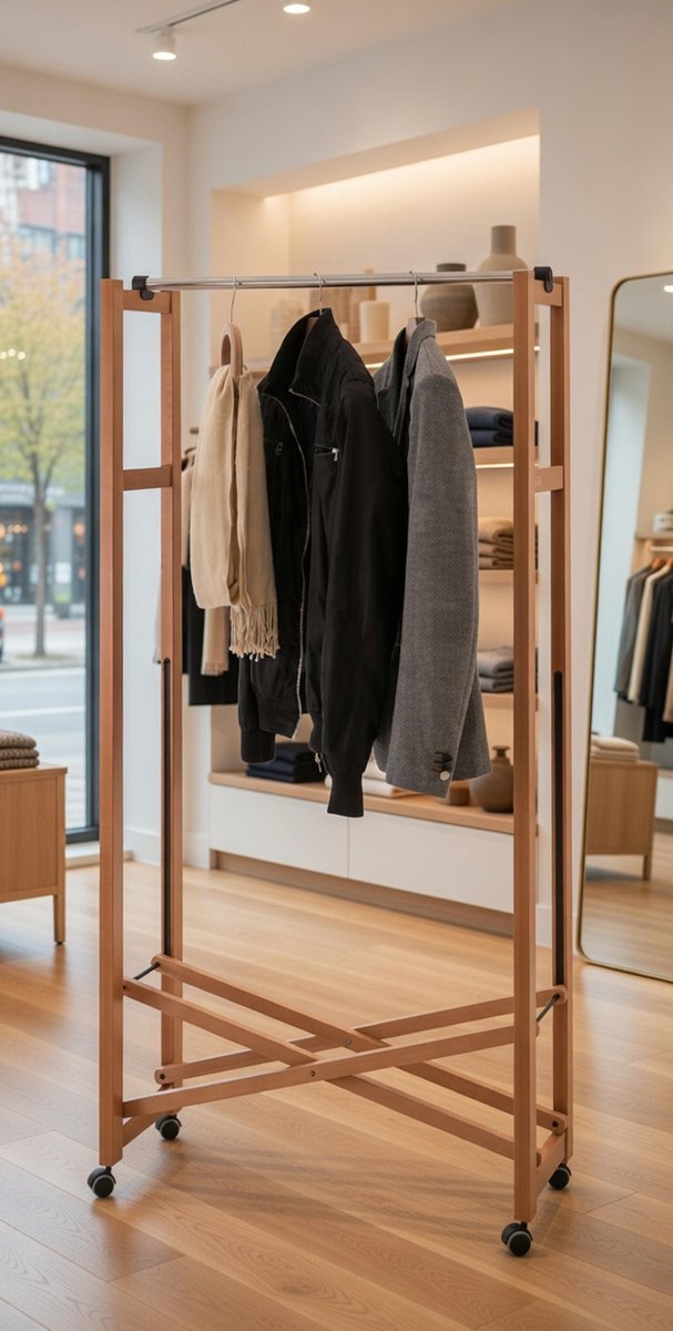 Luxe Inklapbare Houten kledingkast standaard met Wielen – Massief Beukenhout – Kersenhout – 78x31x160 cm – Ruimtebesparend & Verrijdbaar Kledingrek – Casa Serena