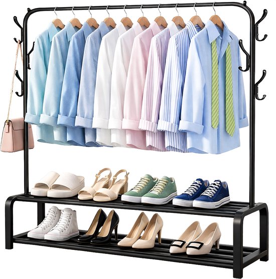 Avalo Industrieel Kledingrek - Garderoberek / Kledingrek met Schoenenrek en Haken - Zwart Metaal 110x33x150 cm - Dressboy