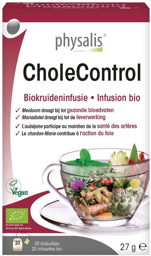 Physalis CholeControl bio kruidenthee verpakking met illustratie van een kopje vol kruiden en fruit.