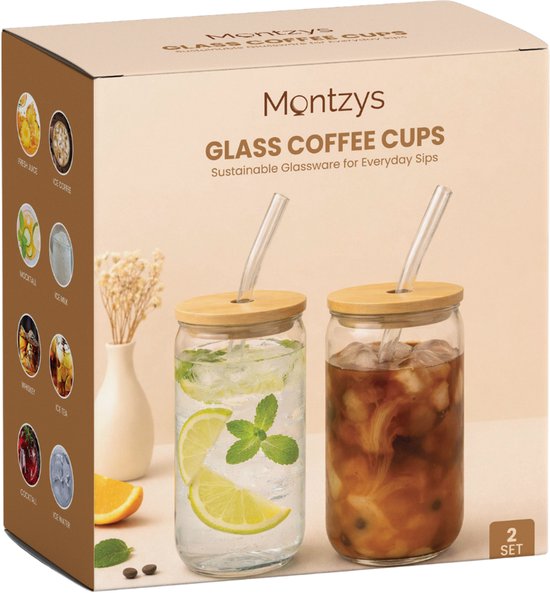 Montzys® Tasse à Café en Verres - 2 pièces - Tasse à boire 500 ml - Tasse à café - Glas à cocktail et à café glacé - Tasse à thé - Avec Pailles et Batteurs en Verres
