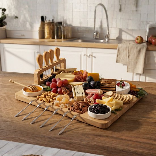 Houten borrelplank met diverse kazen, vleeswaren, fruit, noten en crackers. Inclusief mesjes en kleine schaaltjes.