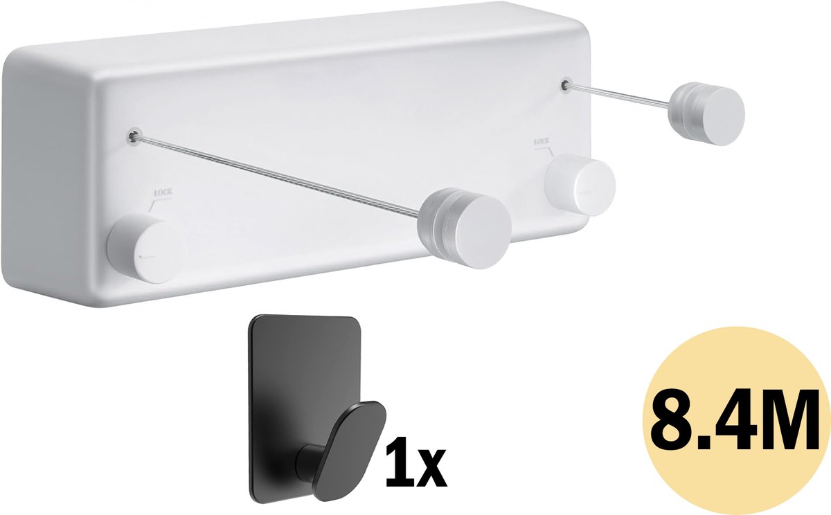 PLAY IT Waslijn Uittrekbaar 8.4 meter Wit - 2x 4.2 meter - Wanddroogrek - Wasrek