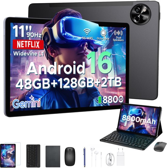POCKAM P11 Tablet - 48GB RAM+128GB ROM/TF 2TB - Android 16 - 11 inch tablet 90Hz - T7250 - 8800mAh - 13MP+5MP - Gemini AI - Widevine L1 - Face ID - 5G WIFI - Dubbele luidsprekers - Pen, toetsenbord, muis - Zwart
