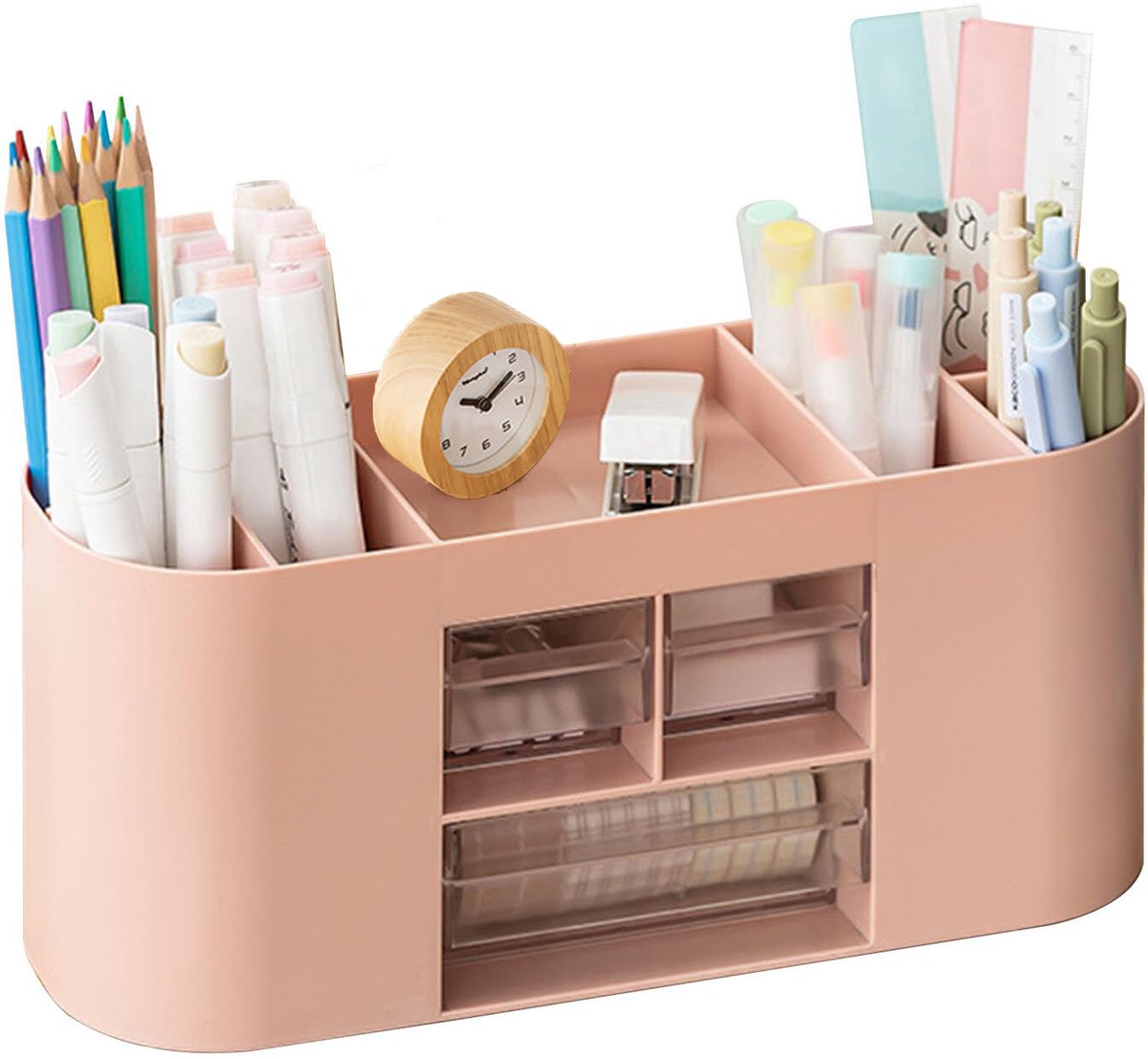 Opbergdoos met pennenhouder, bureau-organizer, 10 vakken, grote inhoud, transparante lade met dubbele laag, geschikt voor potloden, kleurpotloden en diverse schrijfwaren (roze)