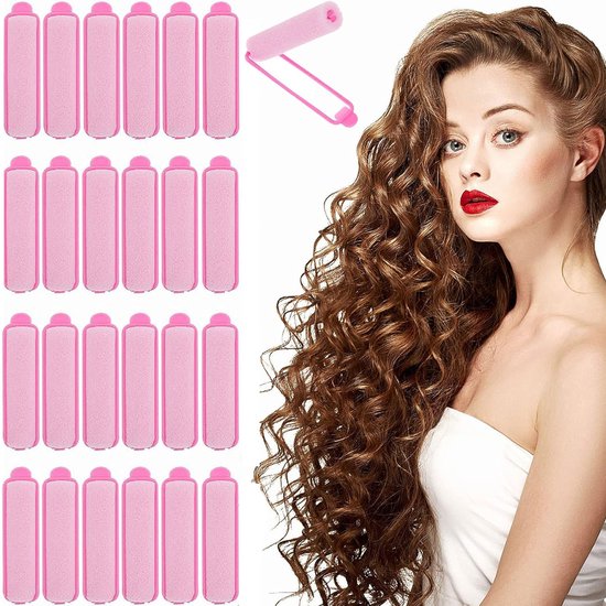 Collage van 24 roze schuimrubberen krulspelden naast een vrouw met lang, krullend bruin haar.
