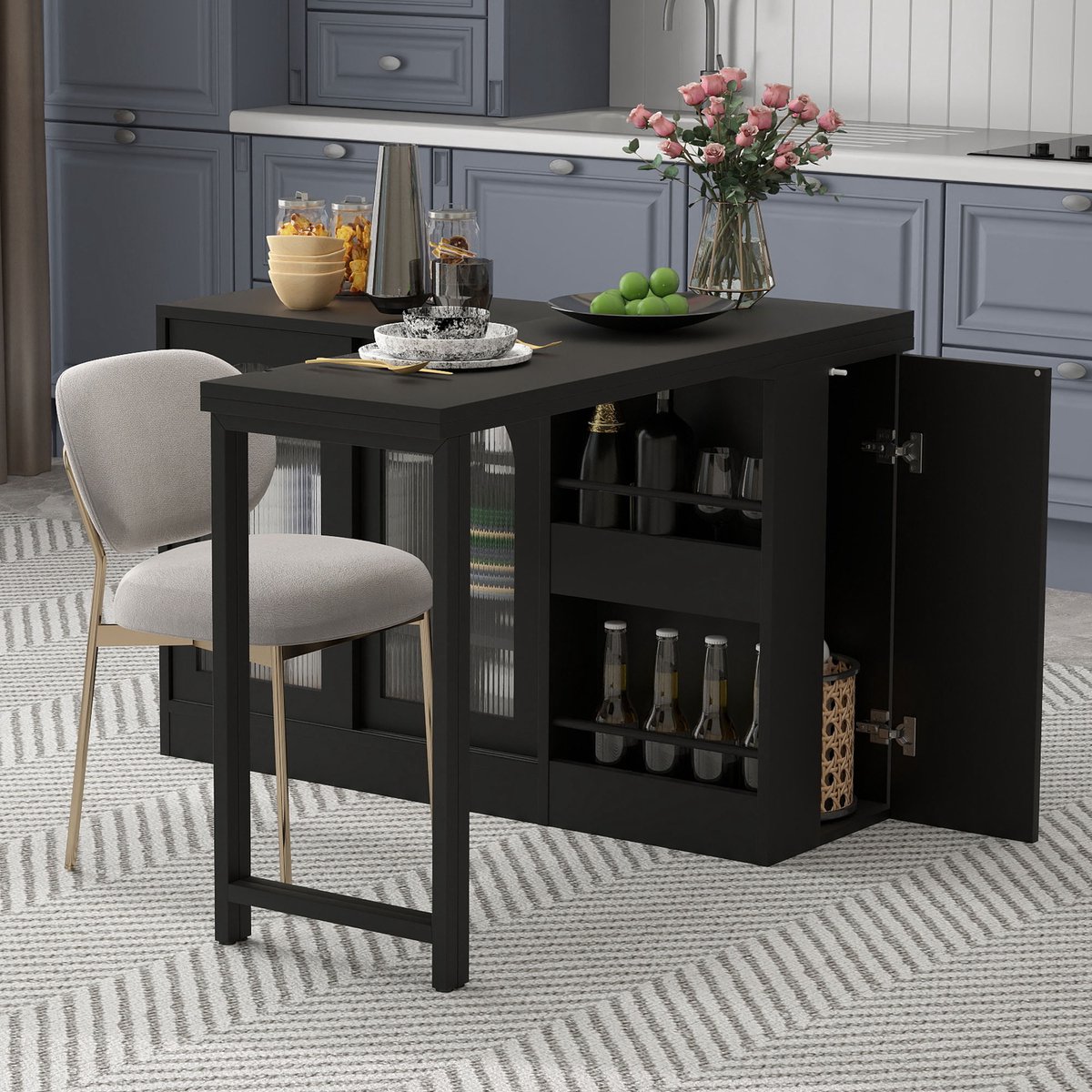 OKWISH Bartafel Met Opbergruimte En Uitschuifblad - 360 Graden Draaibaar - Voor Keuken En Koffiehoek - MDF Zwart - 121,5×40×76,7 Cm