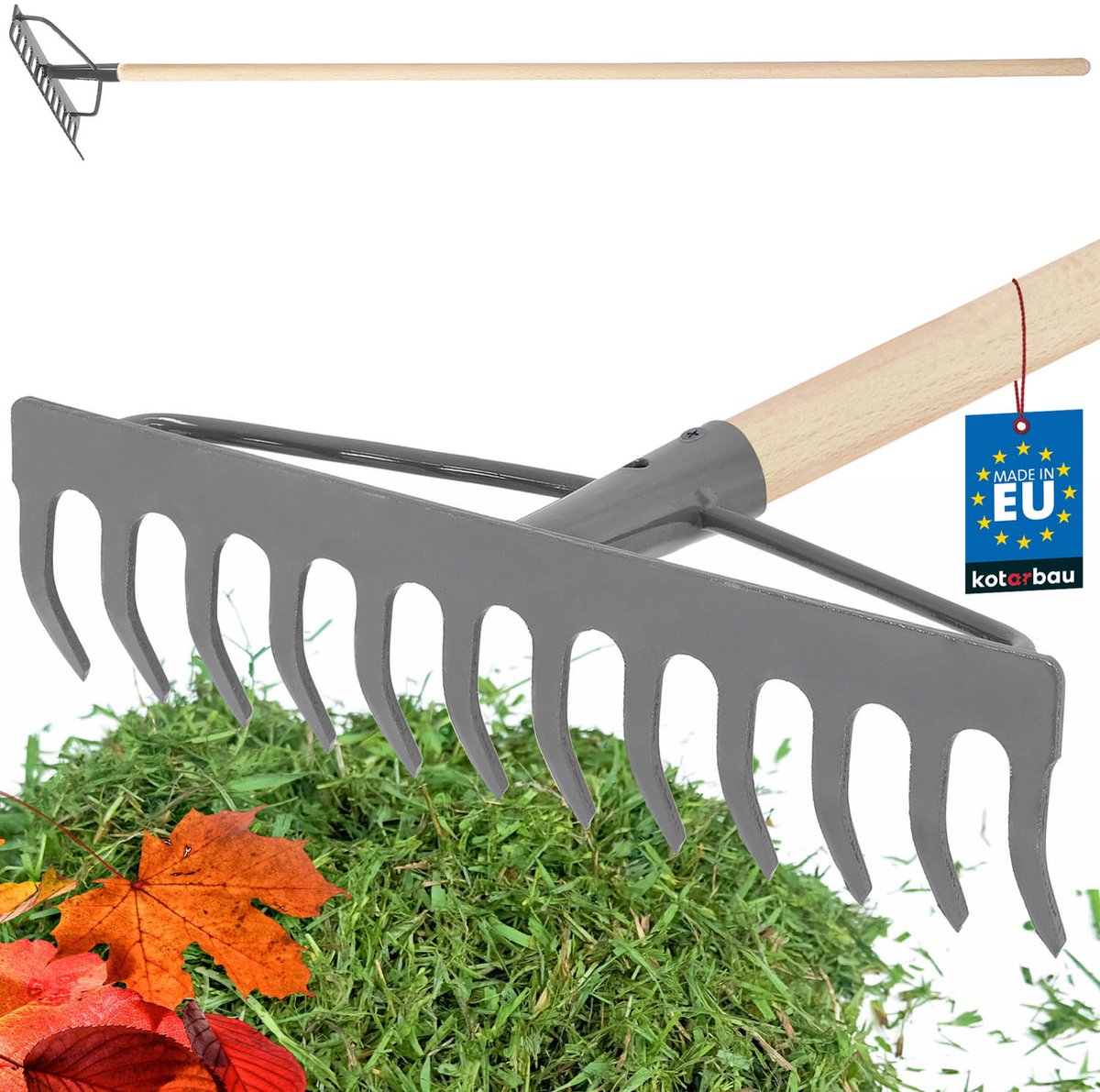 KOTARBAU® Tuinhark, Gazonhark, Bladhark, Metaal, 31 cm, Grijs & Naturel, Tuinhark voor Gazon, Met Houten Steel, 12 Tanden, Stevige Hark, Waaierbezem, Robuust Tuingereedschap