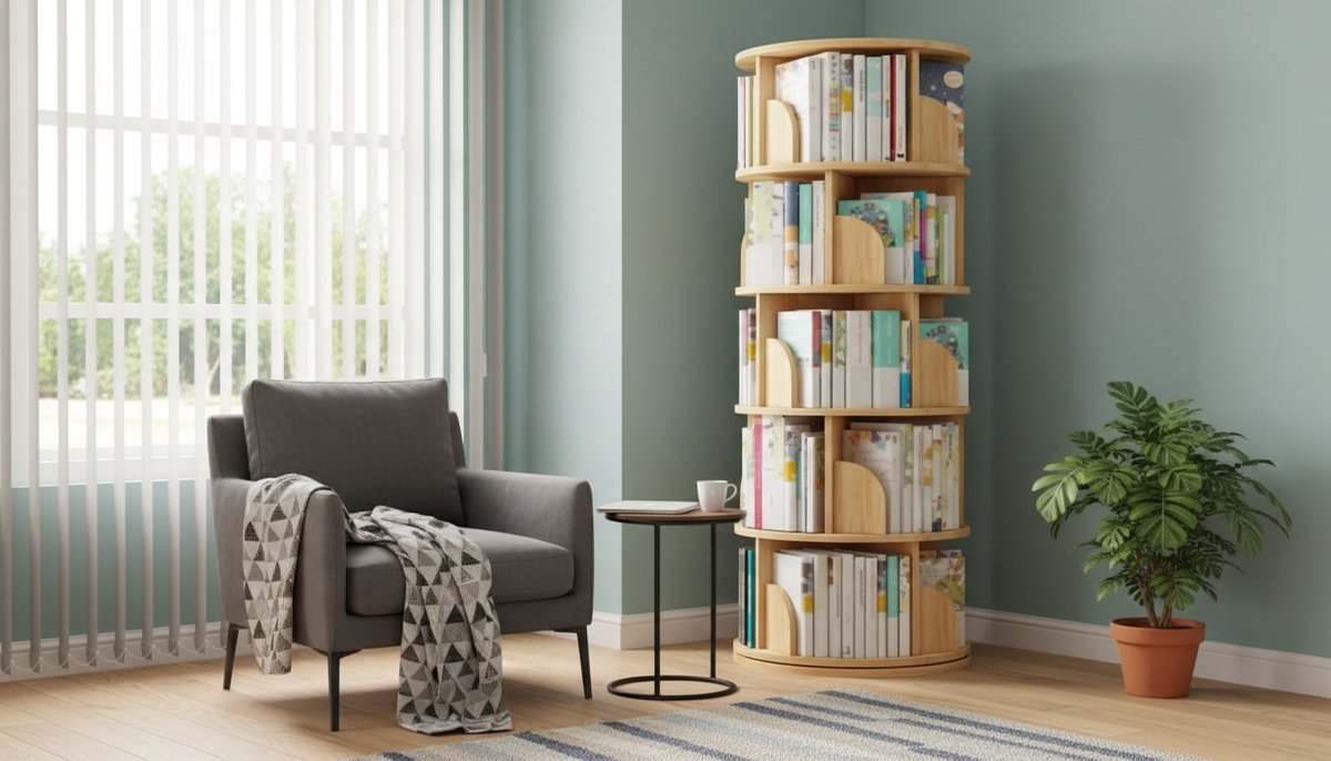 Boekenplank – Casa Velluto SpinWood 360° Roterende Smalle Boekenkast – Draaibare Opbergoplossing voor Slaapkamer, Woonkamer en Studie – Houtkleur