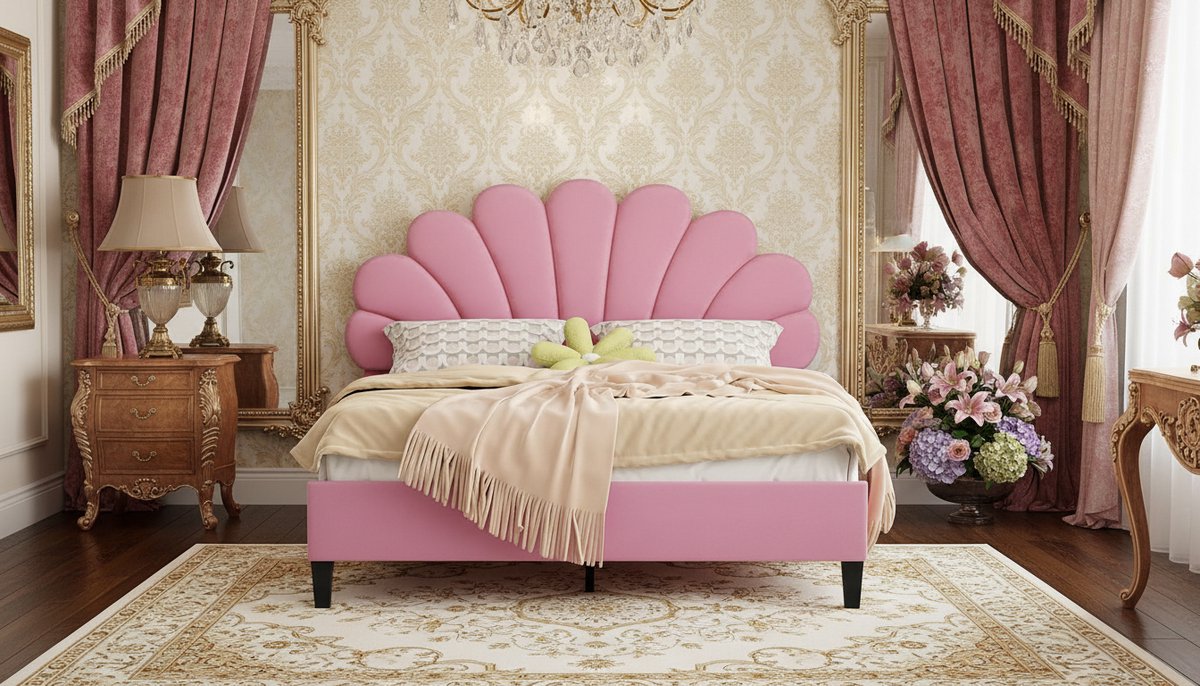 Gestoffeerd Bed 140x200 cm – Casa Velluto Flora Velvet Platformbed – Bloemvormig Hoofdeinde – Kinder- en Jeugdbed – Huidvriendelijk Fluweel – Roze – Inclusief Lattenbodem – Geen Boxspring Nodig