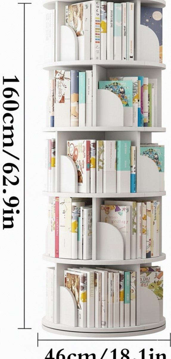 Boekenplank – Casa Velluto SpinWhite 360° Roterende Smalle Boekenkast – Draaibare Opbergoplossing voor Slaapkamer, Woonkamer en Studie – Wit