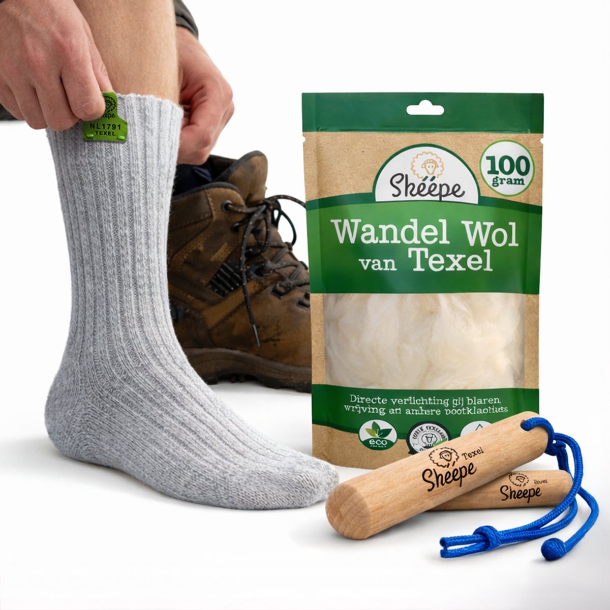 Skéépe Wandelpakket Heren – Wandelwol 100g – Lichtgrijze wandelsokken 42-44 – Wandelhout Grijs