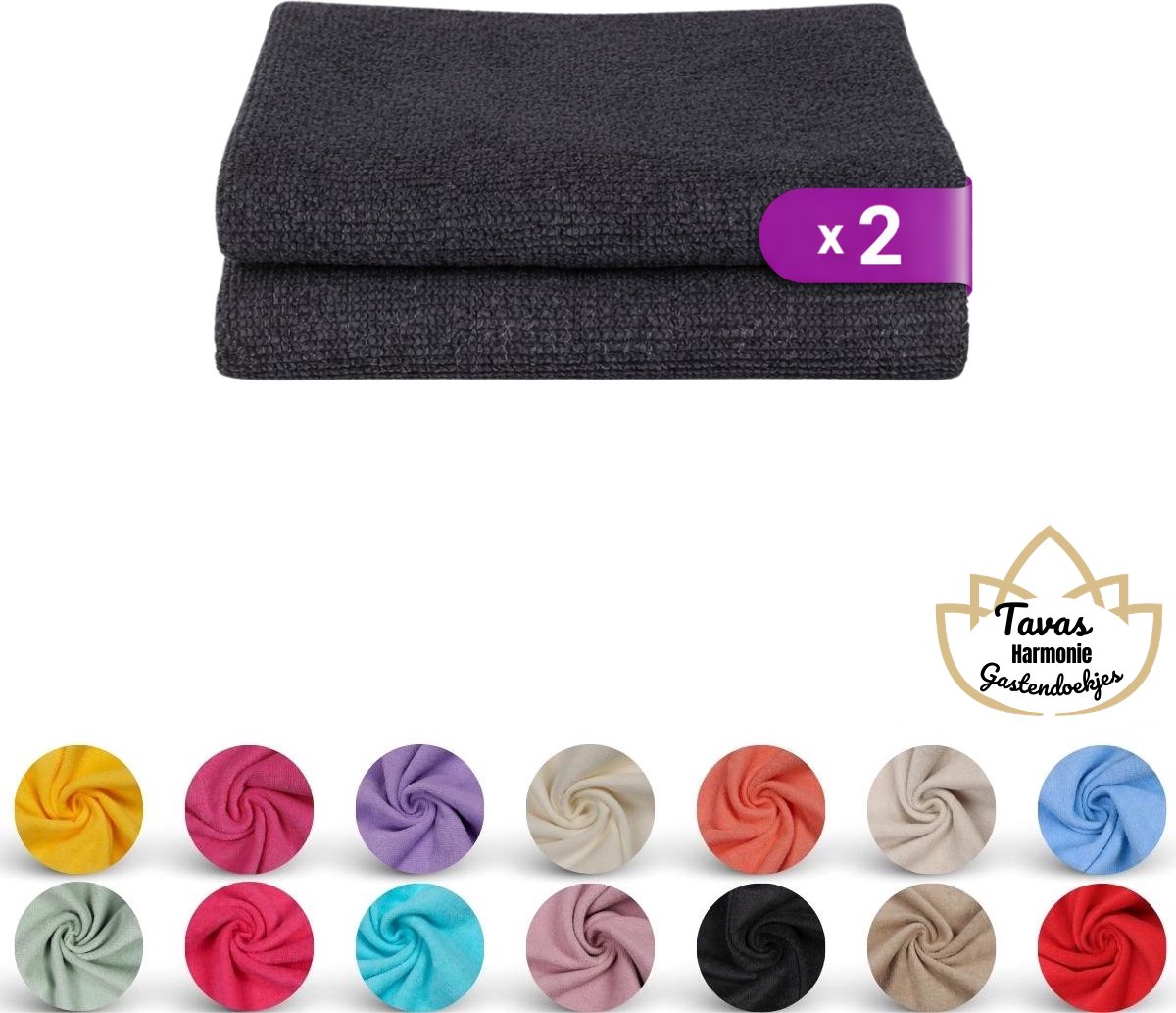 Tavas Harmonie Gastendoekjes 30x50 cm Zwart Set van 2 100% Katoen Gastenhanddoek Rechthoek Handdoek Keuken Hotelkwaliteit Gastendoek