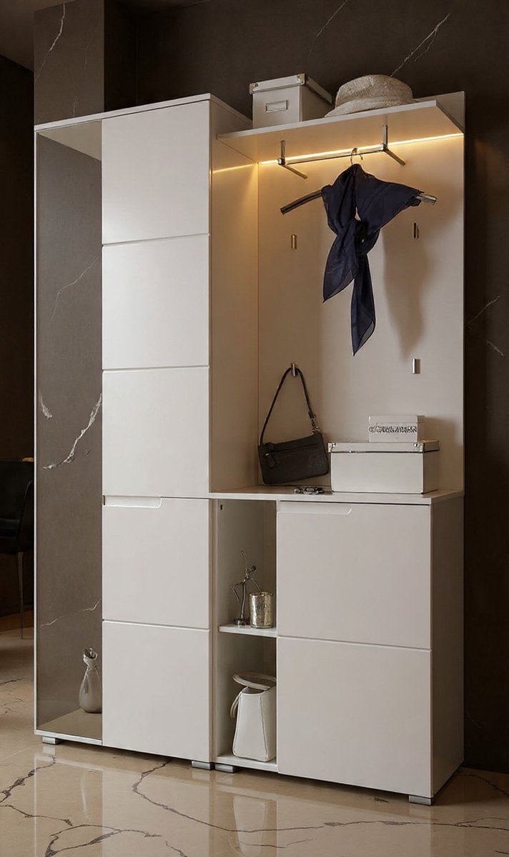 SPICE halgarderobeset in hoogglans wit - Stijlvolle compacte garderobekast met spiegel voor uw entree - 120 x 198 x 40 cm (B/H/D) - Casa Serena