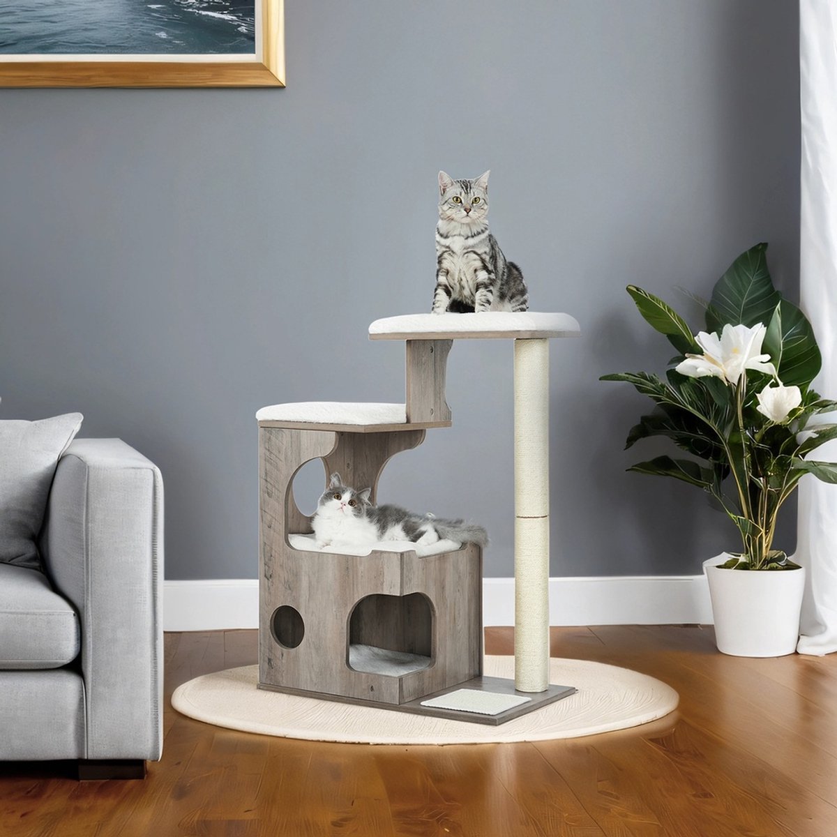 Krabpaal voor katten – Hoge krabpaal met 3 plateaus en mandje – Materiaal: MDF, pluche, sisal – Kleur: Grijsbruin – Afmetingen: 66 x 40 x 86 cm