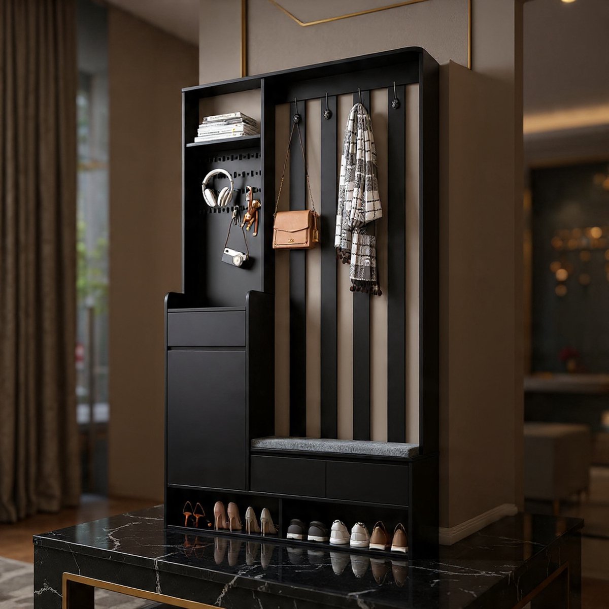 Halmeubelset - Moderne Halgarderobe met Gevoerde Opbergbank, Schoenenkast met Steekbord en 4 Haken - Complete Entree Organizer 100x35x180 cm - Zwart, Teak Zwart of Wit - Casa Serena – Casa Dorada