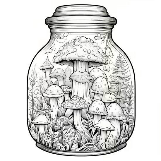Een schets van een pot vol paddenstoelen en planten in een bosrijke omgeving.