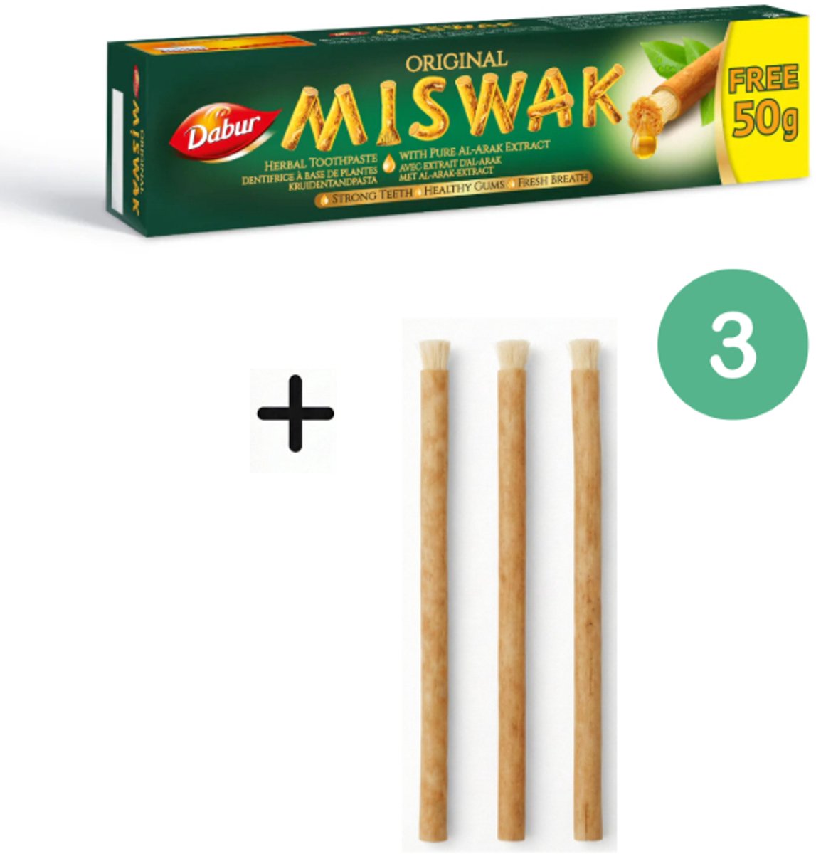 XL Natural Miswak Tandpasta + 3 Stuks Miswak Set - 170g