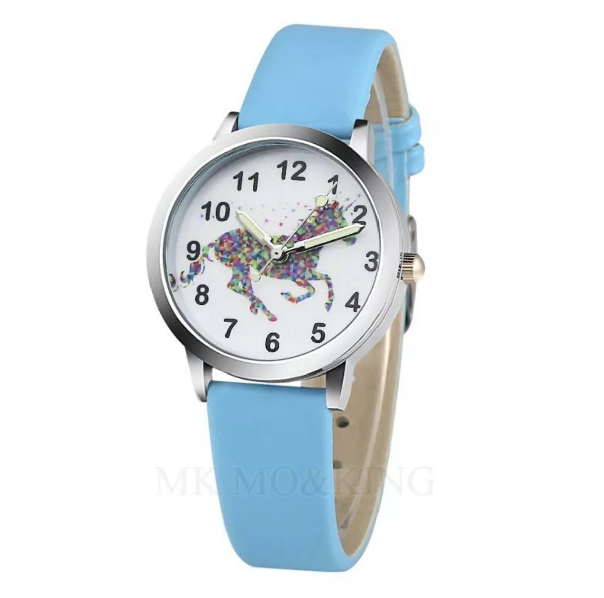 12Getit Kinder horloge blauw met paarden afbeelding en leer bandje