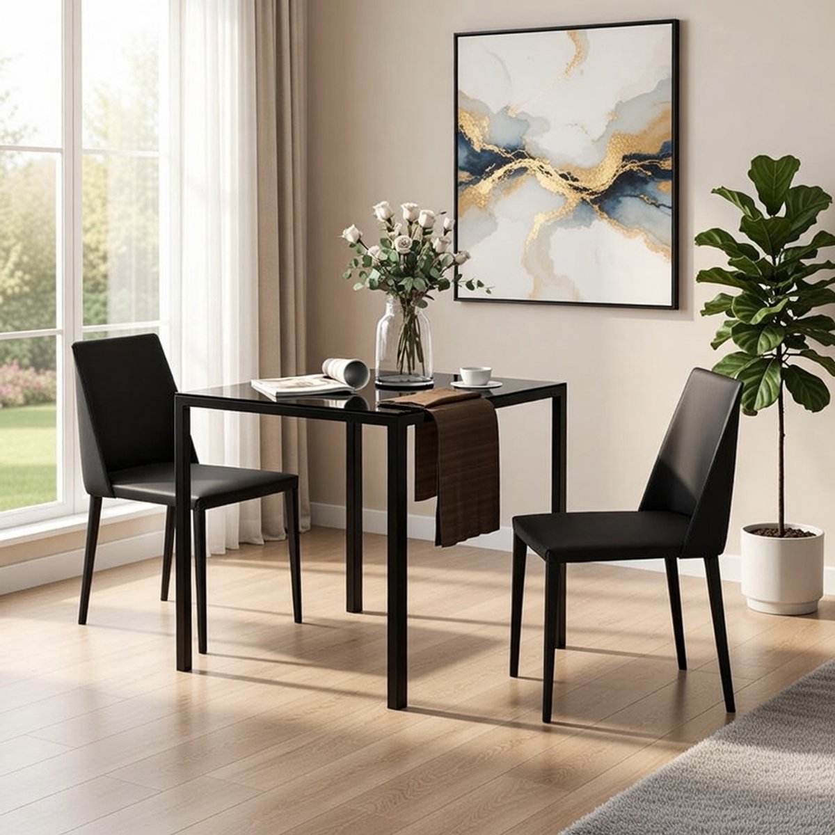 Serena glazen eettafel zwart 75x75 cm - Moderne vierkante glazen eettafel voor 4 personen met metalen potten Casa Serena – Casa Dorada