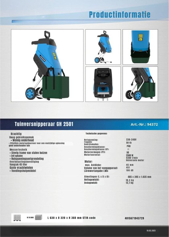 MIRA® Professionele Hakselaar Versnipperaar - Hakselaar Electrisch 50L - Versnipperaar Hakselaar - Blauw - 49cm x 40cm x 104cm van Merkloos	 — afbeelding 4