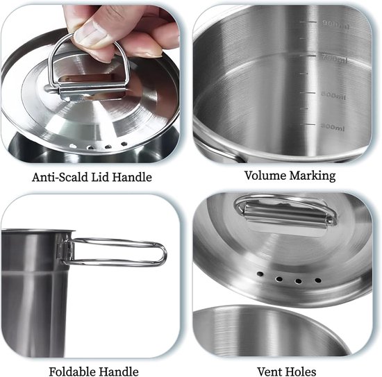 304 RVS Opvouwbare Camping Kookset - Mokken & Kamp Pan met Ventielendeksel - Lichtgewicht Backpacking Kookgerei voor Jagen & Outdoor — afbeelding 4