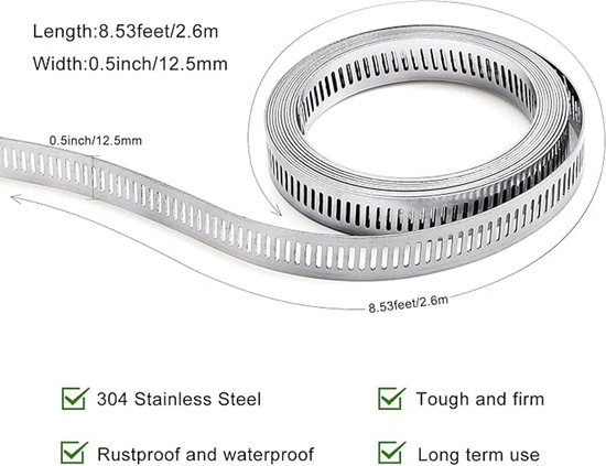 Slangklemmen 304 Roestvrij Staal - 3 m Gattape Metaal + 12 Stuks Bevestiging - DIY Slangklemmenset - Verstelbare Slangklemmen - voor Waterleiding, Tank, Gasleiding, Koeler, Autoslang — afbeelding 3