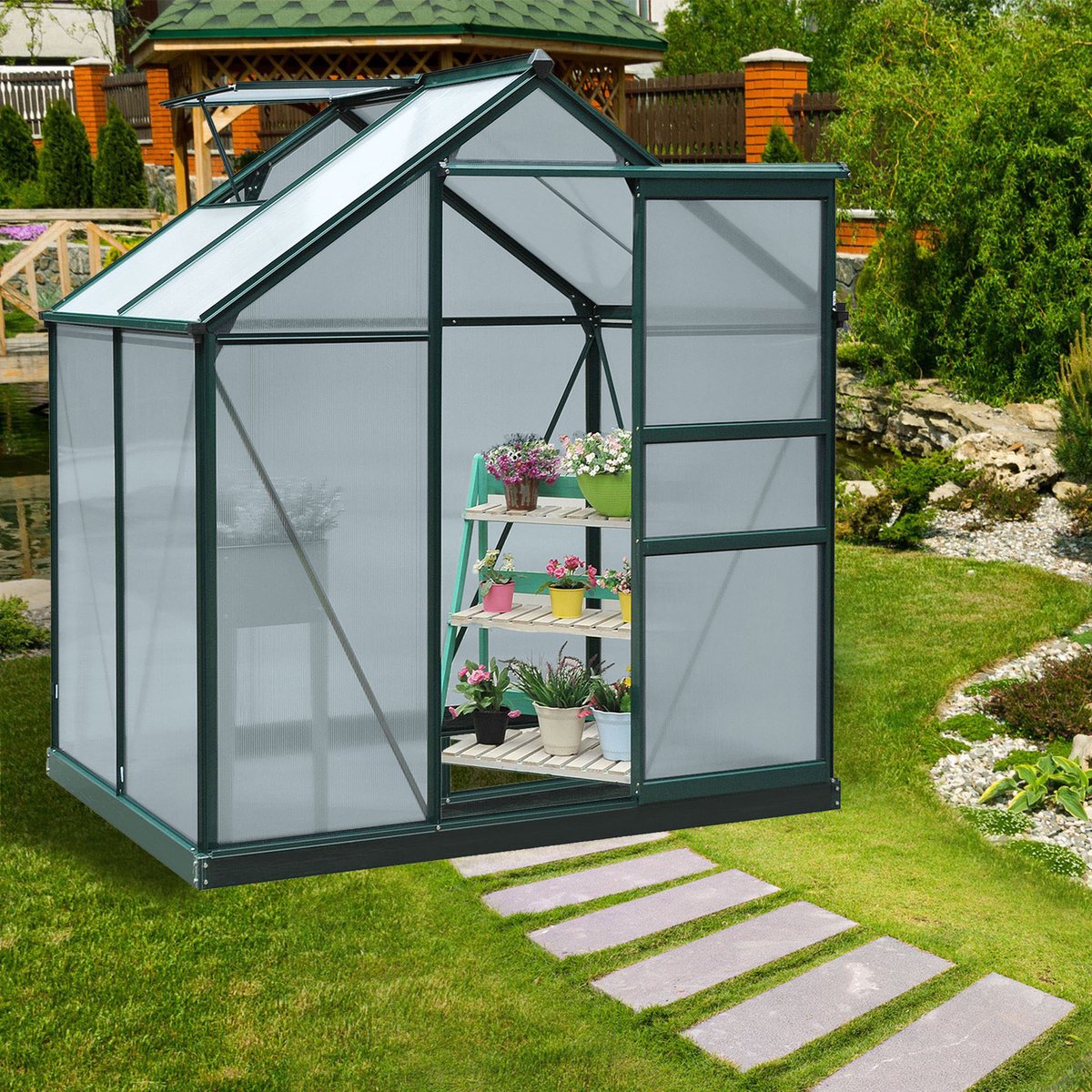 Outsunny-kas - Polycarbonaat - 190x132x201cm - Groen, transparant