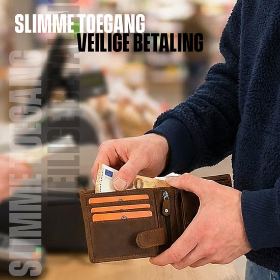 Bruine leren portemonnee met geld erin, met tekst 'SLIMME TOEGANG VEILIGE BETALING'.