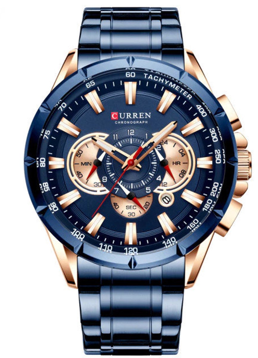 Curren 8363 - Heren Chronograaf - Kwarzuurwerk - Blauw - Rosegoud - Stalen Band
