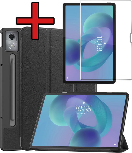 Étui de tablette noir avec protection d'écran et tablette, présenté dans différentes positions.
