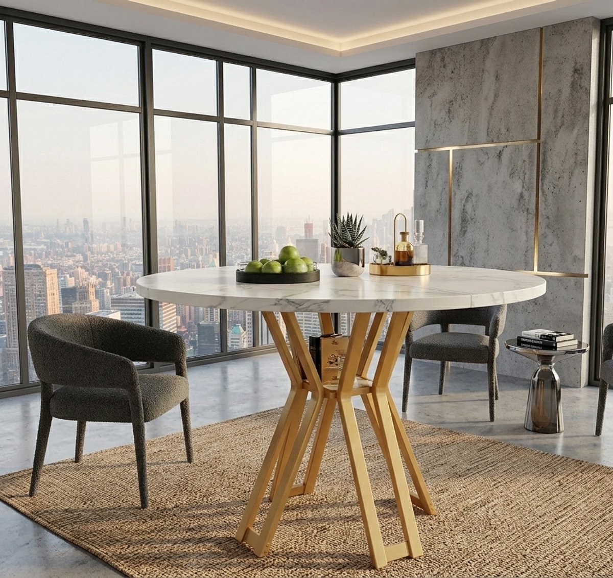 Ronde eettafel 100 cm, wit marmerlook met zwart metalen onderstel - modern en ruimtebesparend, 4-6 personen, Casa Serena – 100 cm – Casa Dorada