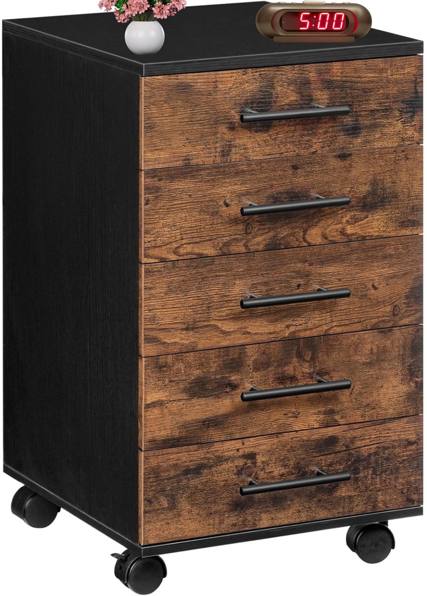 Signature Home Ladeblok - Ladeblok Op Wieltjes - Archiefkast met 5 Laden - Ladeblok Bureau met Wielen - bruin - zwart - 40×40×60 cm