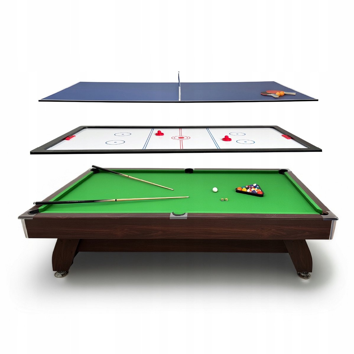 THUNDER BOLD-BROWN-8FT-HOCKEY-PING - 3-in-1 Speeltafel - Biljart, Airhockey en Tafeltennis - 8 ft