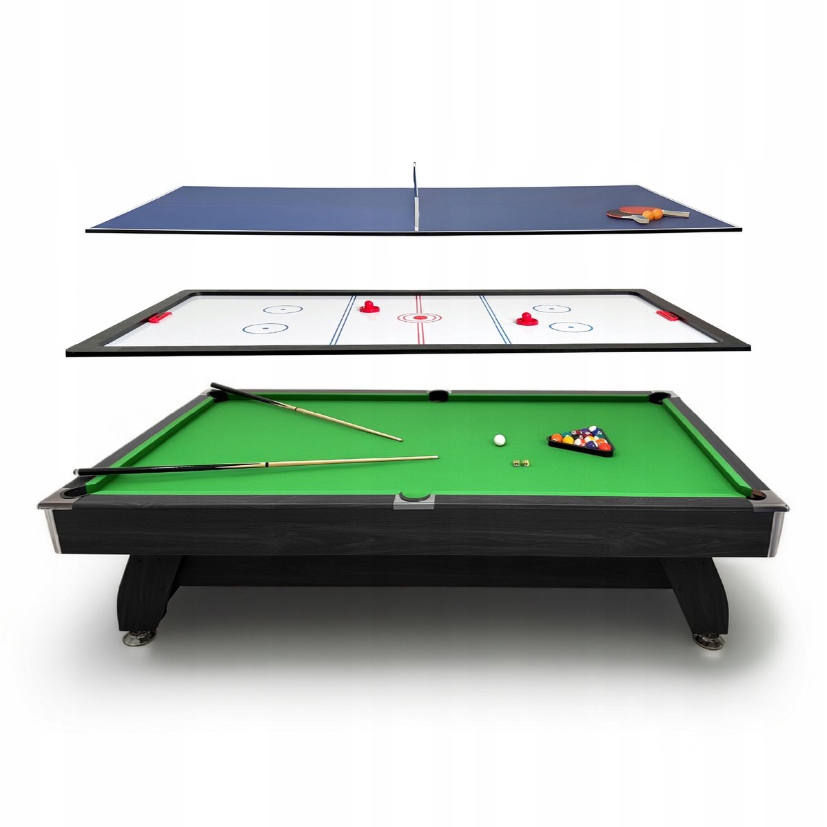 THUNDER BOLD-BLACK-9FT-HOCKEY-PING - 3-in-1 Speeltafel - Biljart, Airhockey en Tafeltennis - 9 ft