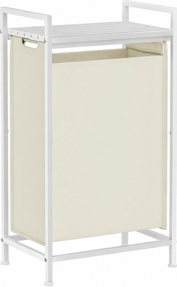 Famanu – Wasmand met plank en waszak, uitschuifbaar en afneembaar, metalen frame, crèmewit