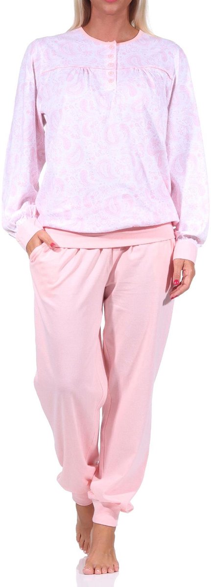 Normann Elegante damespyjama met manchetten en knooplint aan de hals in paisley-dessin rosa