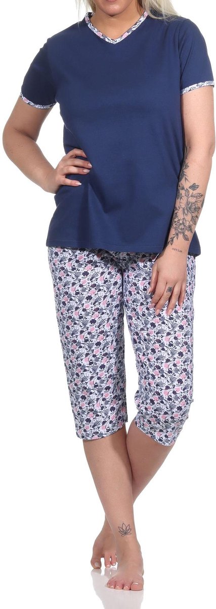 Normann Gebloemde capri damespyjama, korte pyjama met 3/4 capri broek - 123 204 10 152 marine