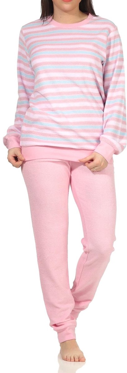 Normann Dames badstof pyjama met manchetten in elegante gestreepte look - ook in oversized rosa