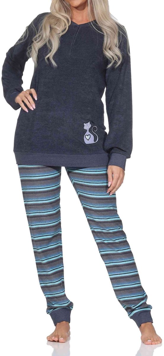 Normann dames badstof pyjama met manchetten + schattig dierenmotief – ook in grote maten blau-mel.