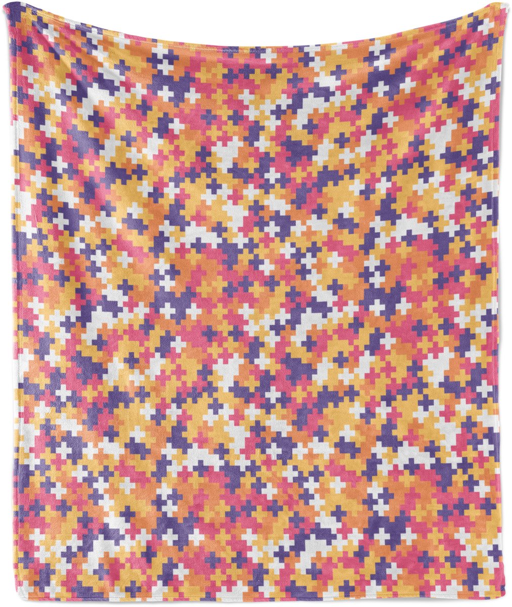 ABAKUHAUS Abstracte zachte flanellen fleece deken, puzzelstukjespatroon, knusse pluche plaid, 175 x 230 cm, blauw, violet, roze, abrikoos