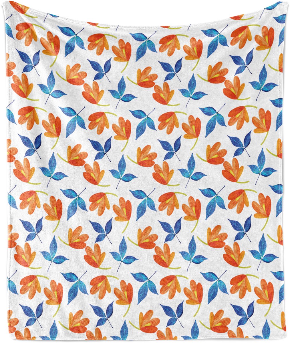 ABAKUHAUS Zachte flanellen fleece deken met bloemenmotief, bloeiende bloemblaadjes en bladeren, pluche plaid, 175 x 230 cm, licht oranje kobaltblauw