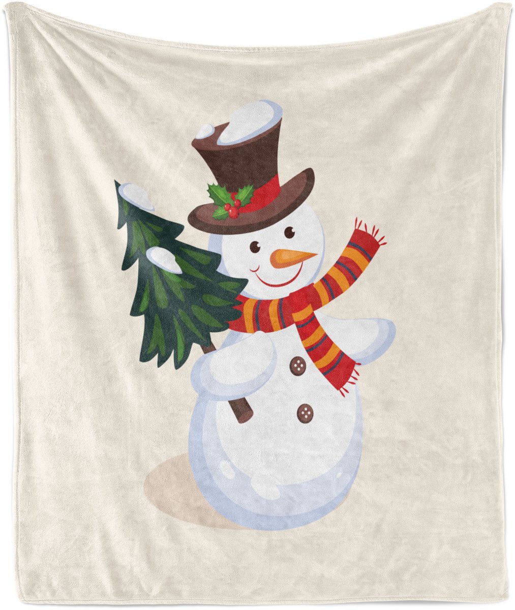 ABAKUHAUS Zachte flanellen fleece deken met sneeuwpop, vrolijke sneeuwpop met boom, knusse pluche plaid, 125 x 175 cm, gebroken wit, meerkleurig